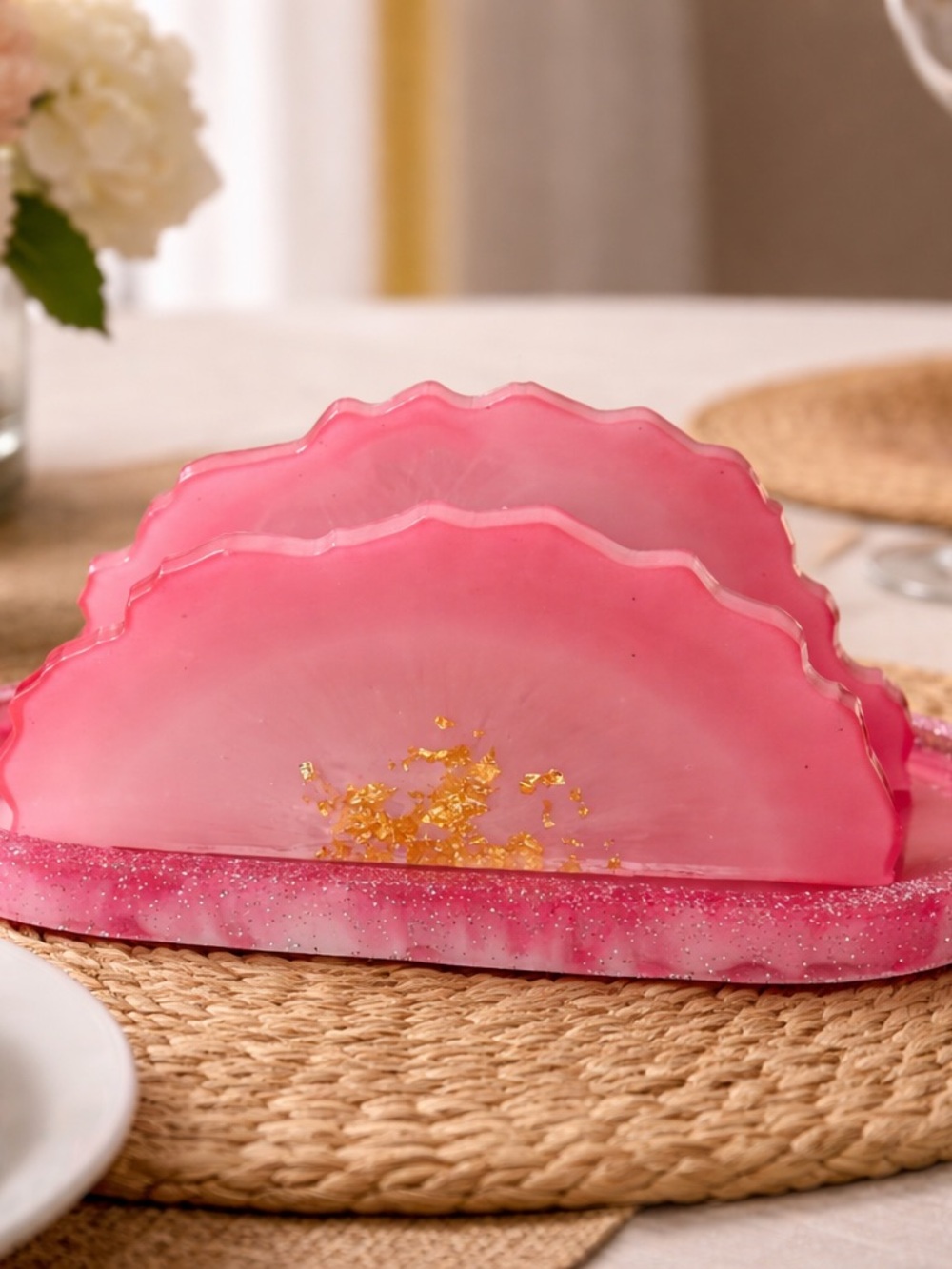 Pink Agate-Style Resin Napkin Holder with Gold Flakes